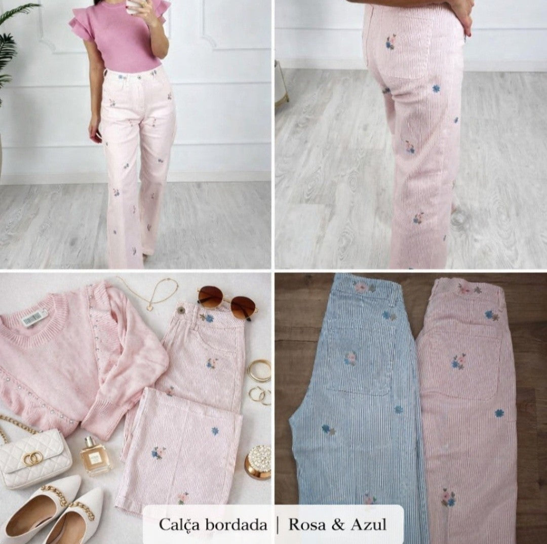 Calça jeans BORDADA riscas
